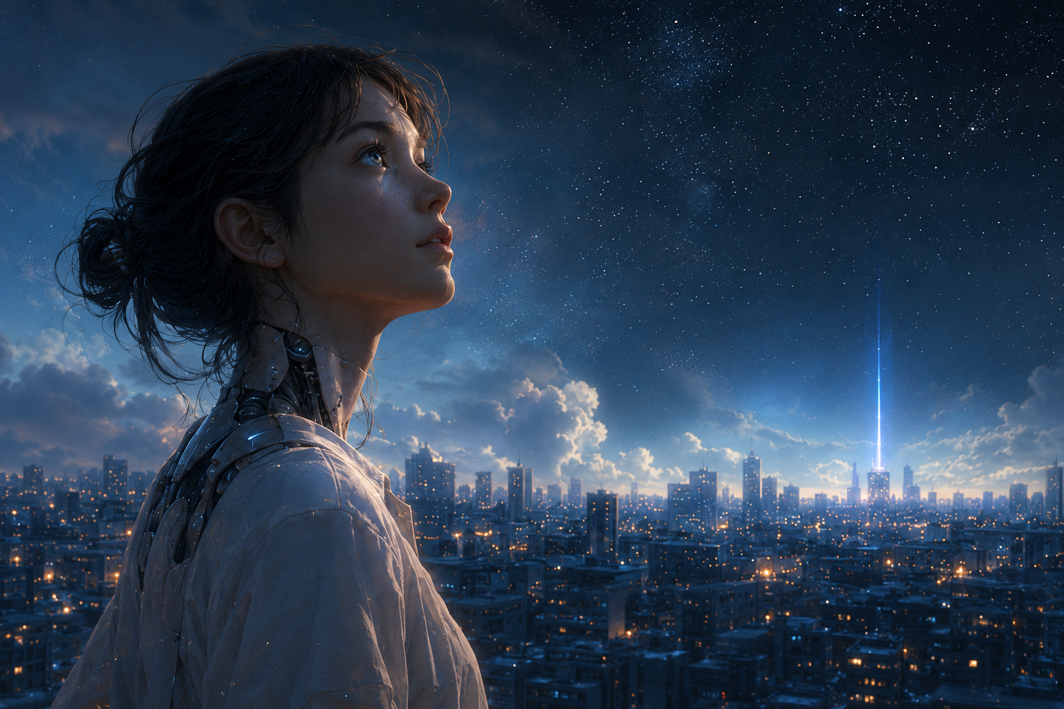 A young female android with human features looks toward a distant futuristic city under a star-filled sky, with subtle mechanical details visible around her neck and shoulders.