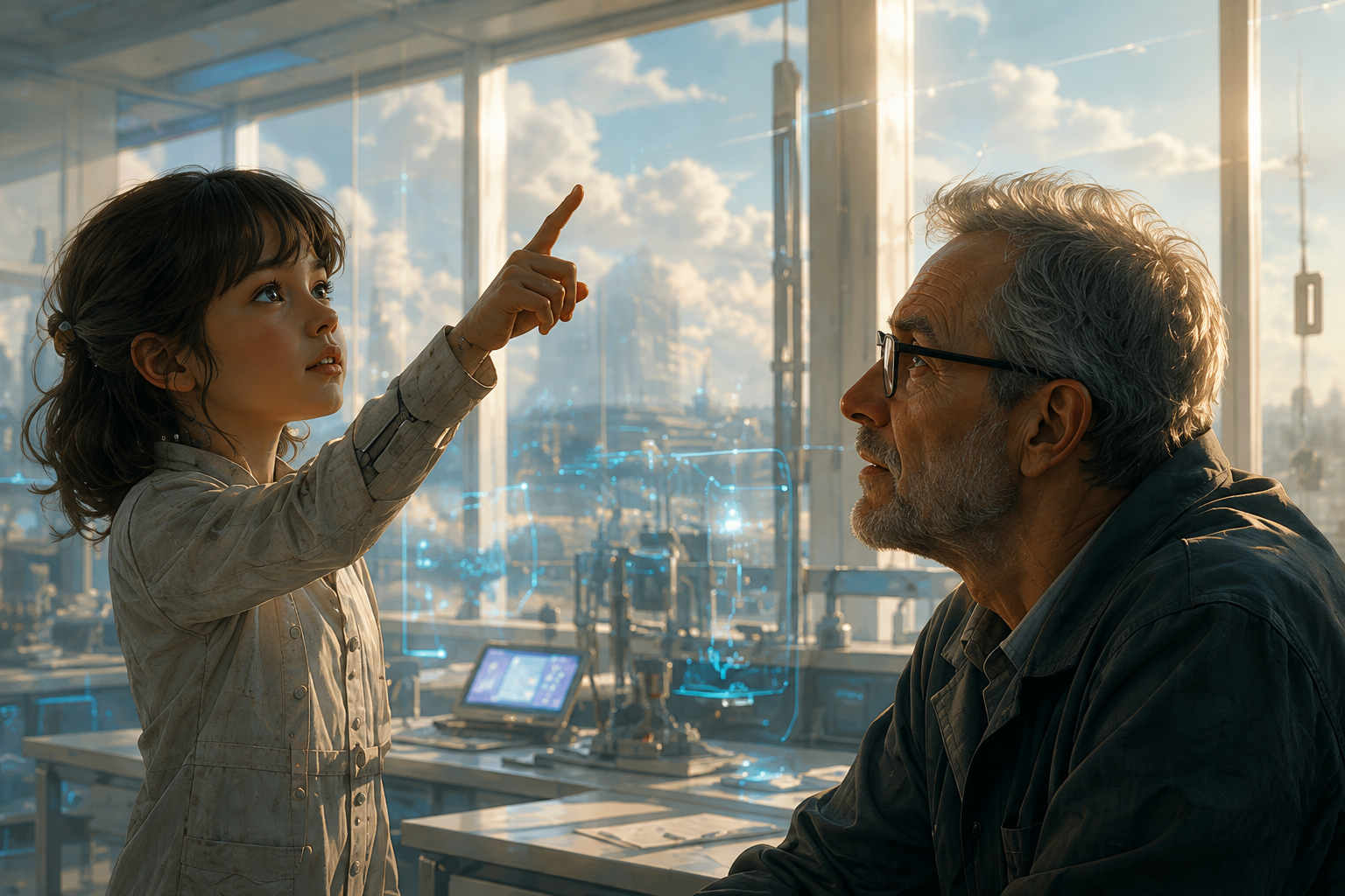 Lia, a young android girl, points upward in a bright futuristic laboratory while Daniel, an older man with grey hair and glasses, watches her attentively.