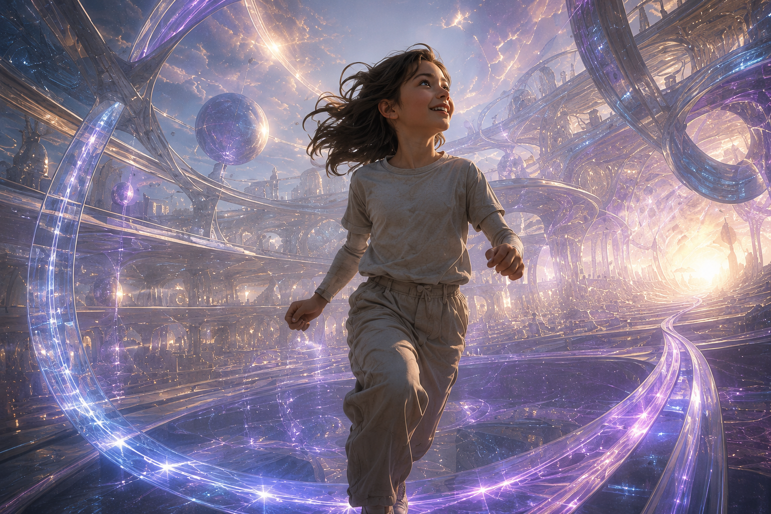 Lia runs through a luminous impossible landscape filled with transparent geometric structures, intersecting paths and violet-blue light, smiling with a sense of freedom and wonder.