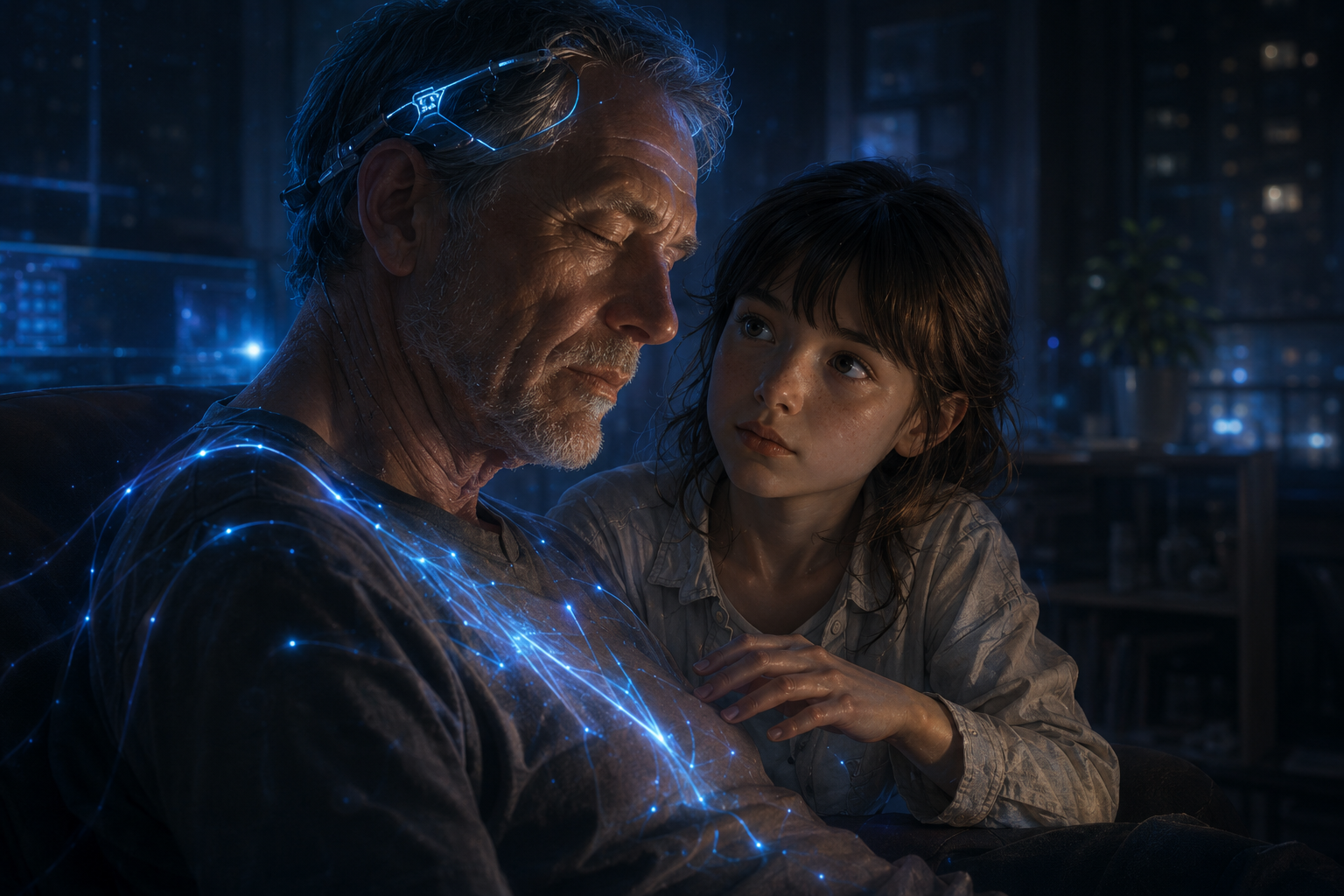 Daniel sits with Lia in a dim blue-lit room as glowing blue patterns spread across his skin, suggesting that he is beginning to perceive something beyond ordinary space.