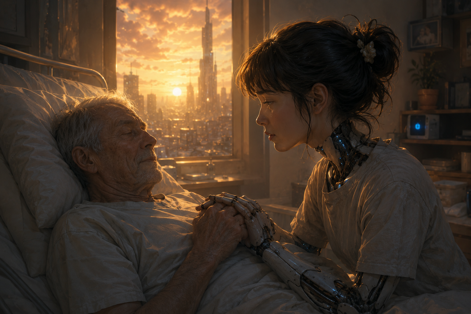 An elderly Daniel lies in bed at sunset while Lia holds his hand beside him, leaning close in a quiet and intimate farewell.