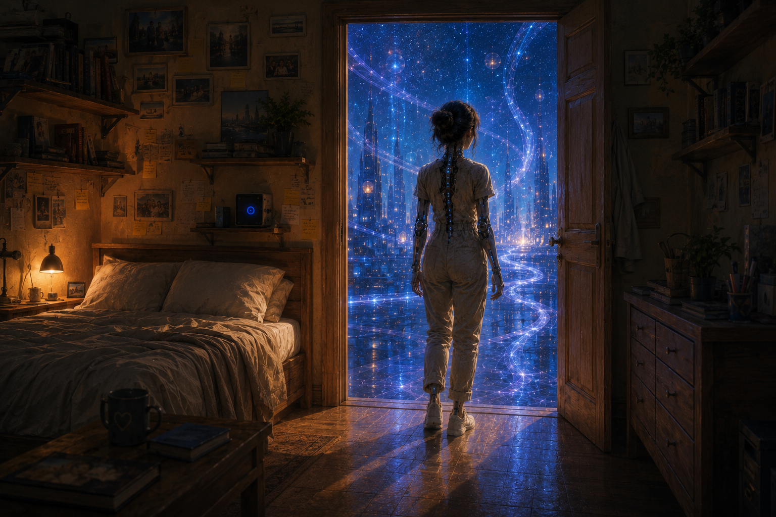Lia stands in a doorway looking toward a luminous blue city beyond, leaving behind Daniel’s empty room and the objects from their life together.