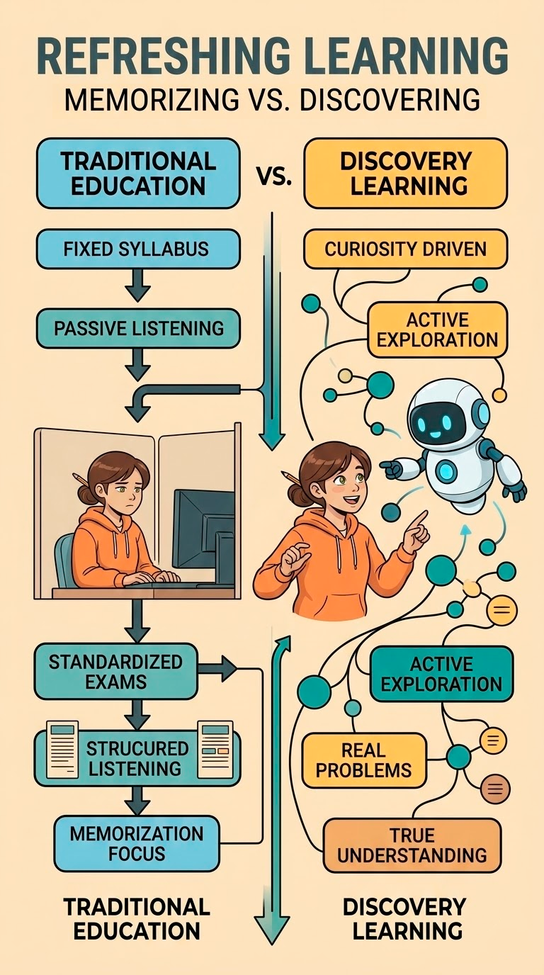 A comparison between traditional learning wher e you have to memorize vs discovery learning where you have the freedom to explore and spark your curiosity.