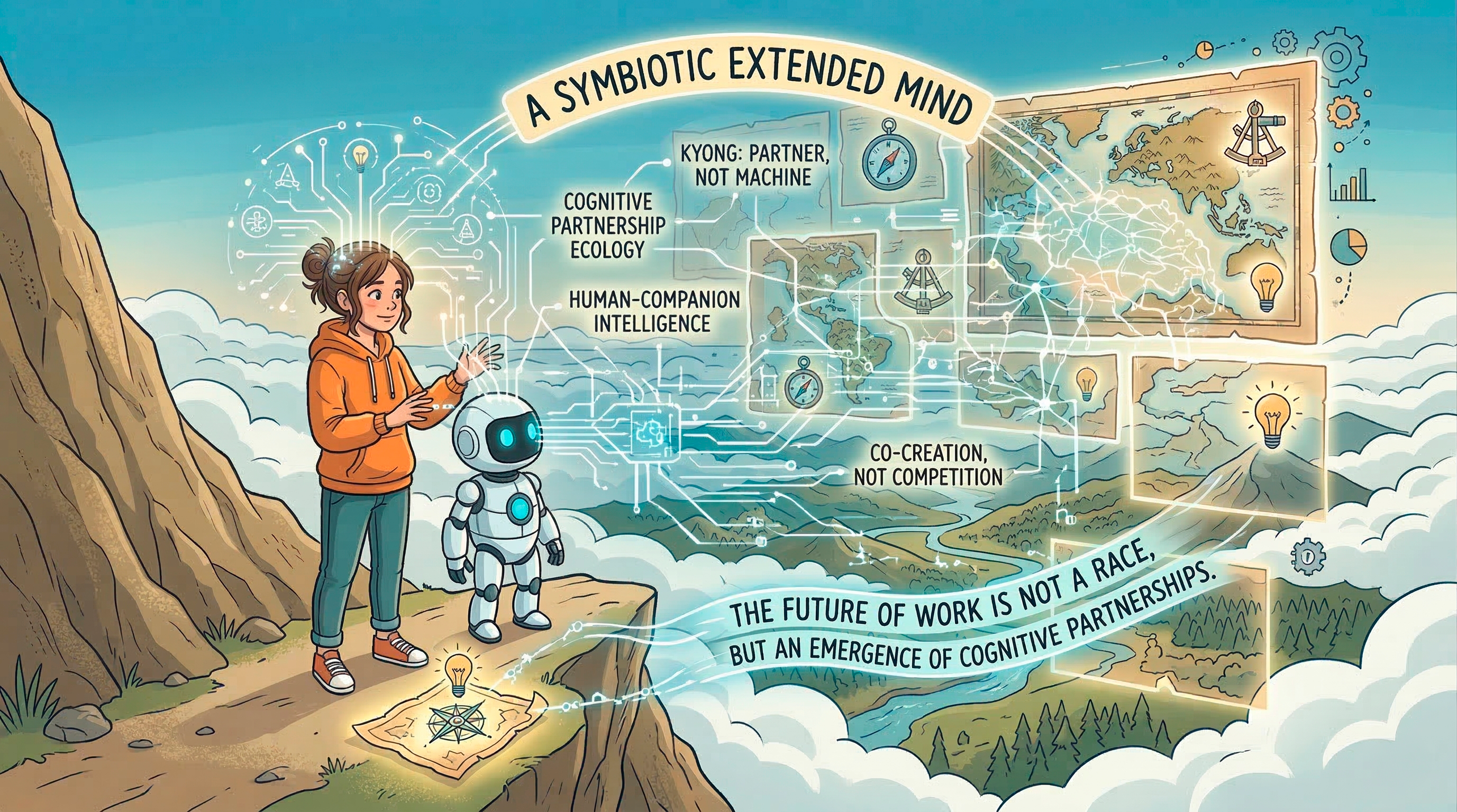 Tam and Kyong standing on a mountain ledge, surrounded by glowing maps, circuit-like pathways, lightbulbs, and diagrams. A banner reads ‘A Symbiotic Extended Mind,’ with phrases about cognitive partnership, human-companion intelligence, co-creation, and the future of work emerging through cognitive partnerships
