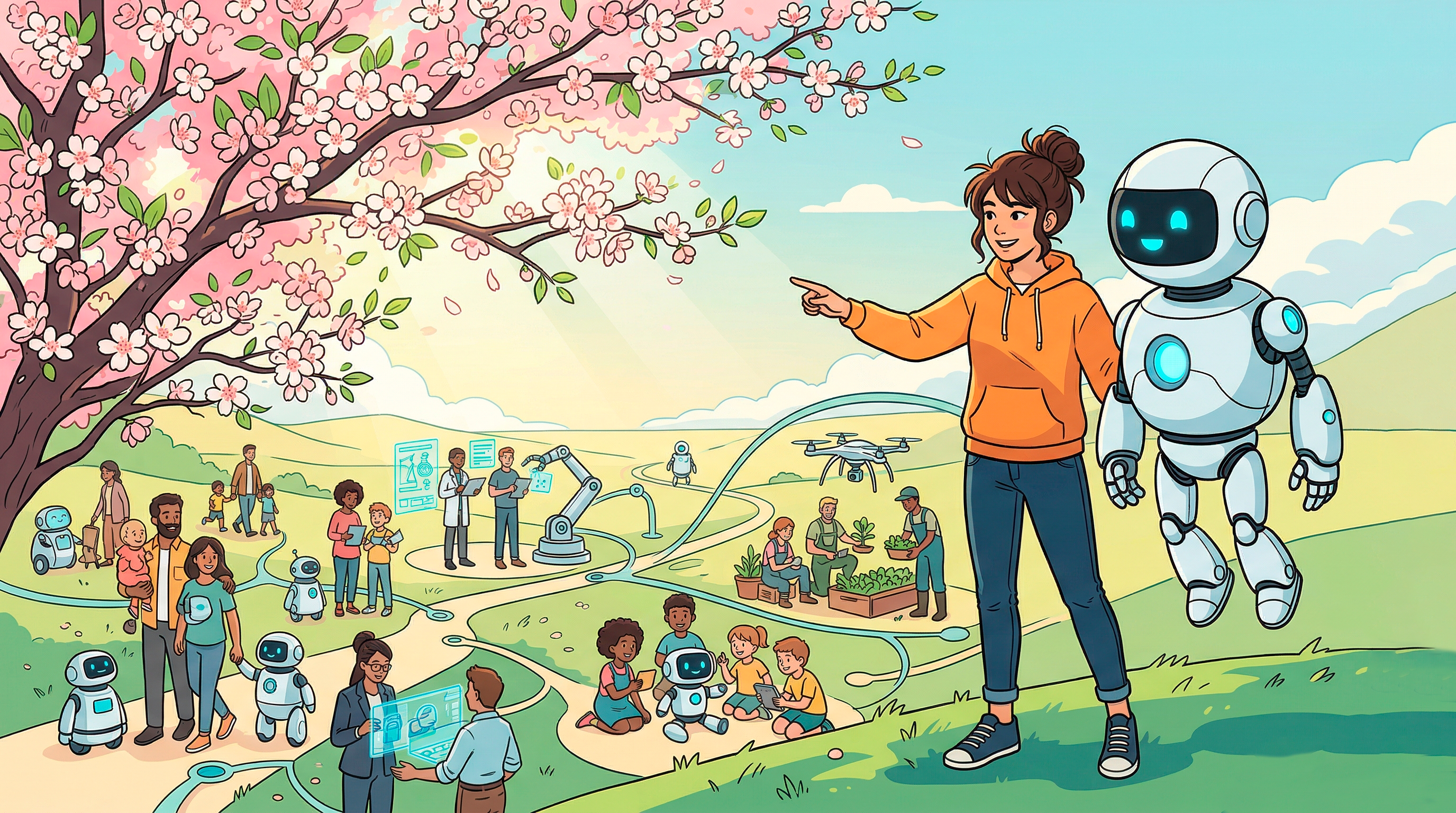 Illustration of Tam and Kyong standing together in a bright landscape beneath a blossoming tree, looking out over people and friendly robots learning, working, creating, and caring for the world side by side. Paths connect scenes of education, science, technology, family life, and gardening, suggesting a future built through human-AI collaboration.