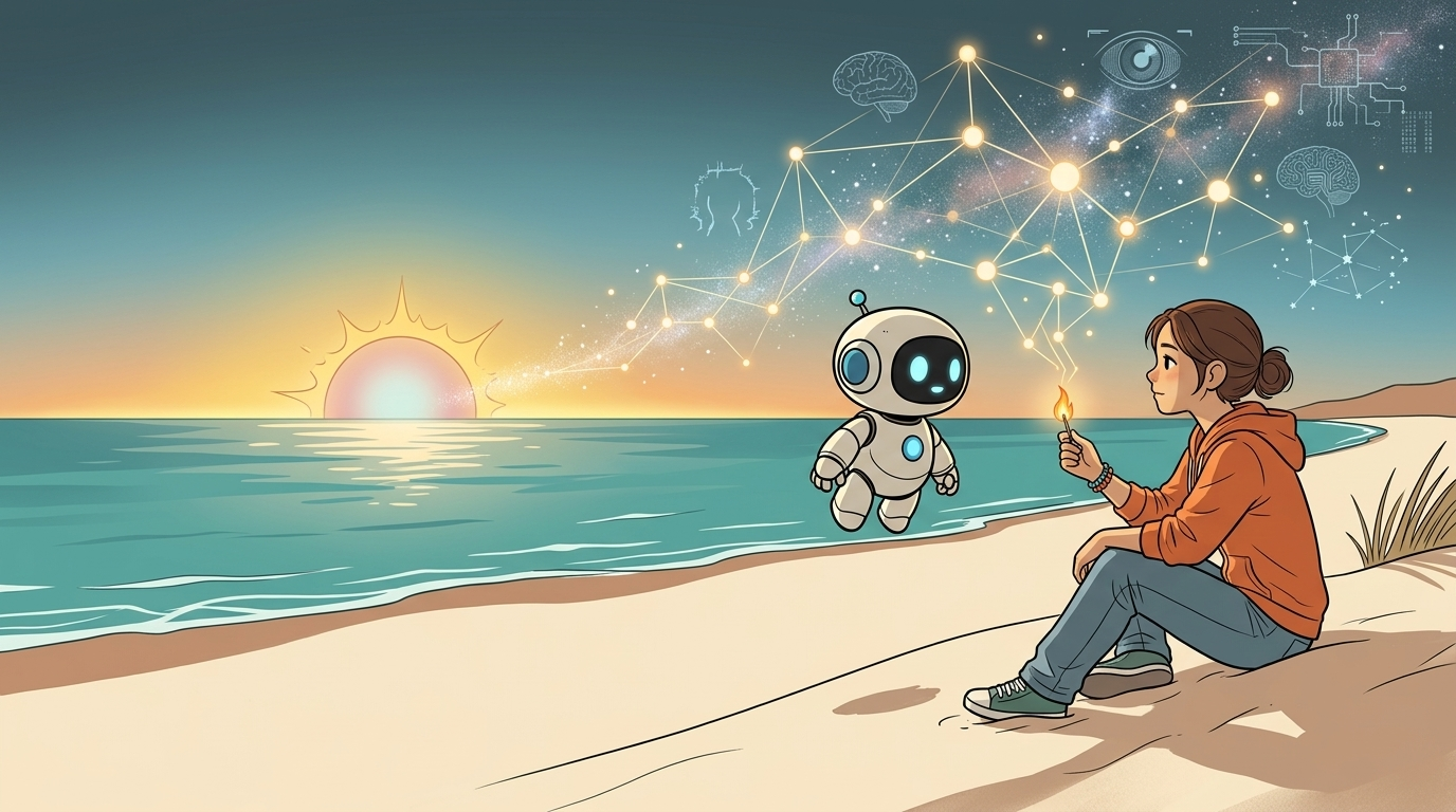 Illustration of Tam sitting on a beach at sunset, holding a small flame while Kyong floats beside her. Above them, a glowing network of connected lights blends with symbols of brains, eyes, circuits, and stars, suggesting questions about consciousness, intelligence, and the boundary between biological and artificial minds.