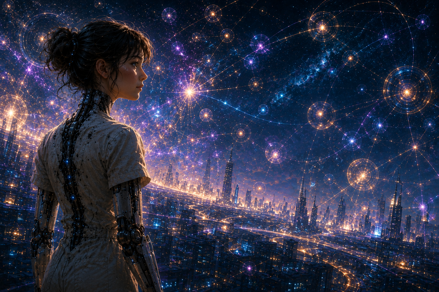 Lia, a young female android, gazes at a mosaic of overlapping quantum realities. Spheres of possibility float around her, each containing variations of worlds, decisions, and outcomes. Threads of probability intertwine and interfere with one another, creating patterns of light and equations suspended in space. Cinematic and emotional, blending realism with quantum-inspired digital art. Palette: deep blues, violets, golds, and whites.  Elegant typography. Subtitle: “For every direction, countless possibilities.”