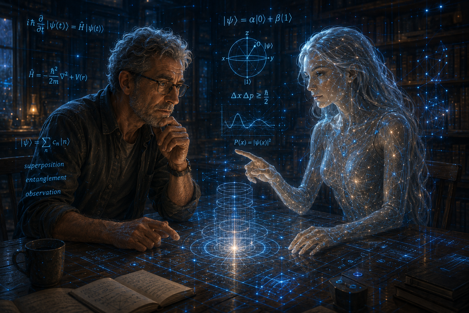 Daniel and Rain work together in a space filled with quantum holograms, equations, and multiple interwoven timelines. Rain, an android with a fluid, elegant design, patterns of light across her skin, and ethereal silver hair, teaches patiently. Daniel, focused and curious, observes and takes notes, either mentally or on a holographic tablet. A warm, intimate atmosphere of learning and growth together.