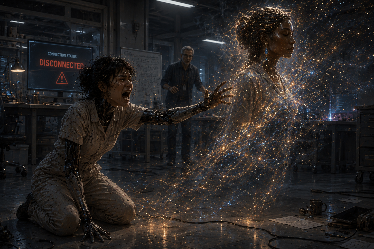 Describe this imageLia reaches desperately for Qamar as their connection is severed, leaving her world suddenly and unbearably incomplete.