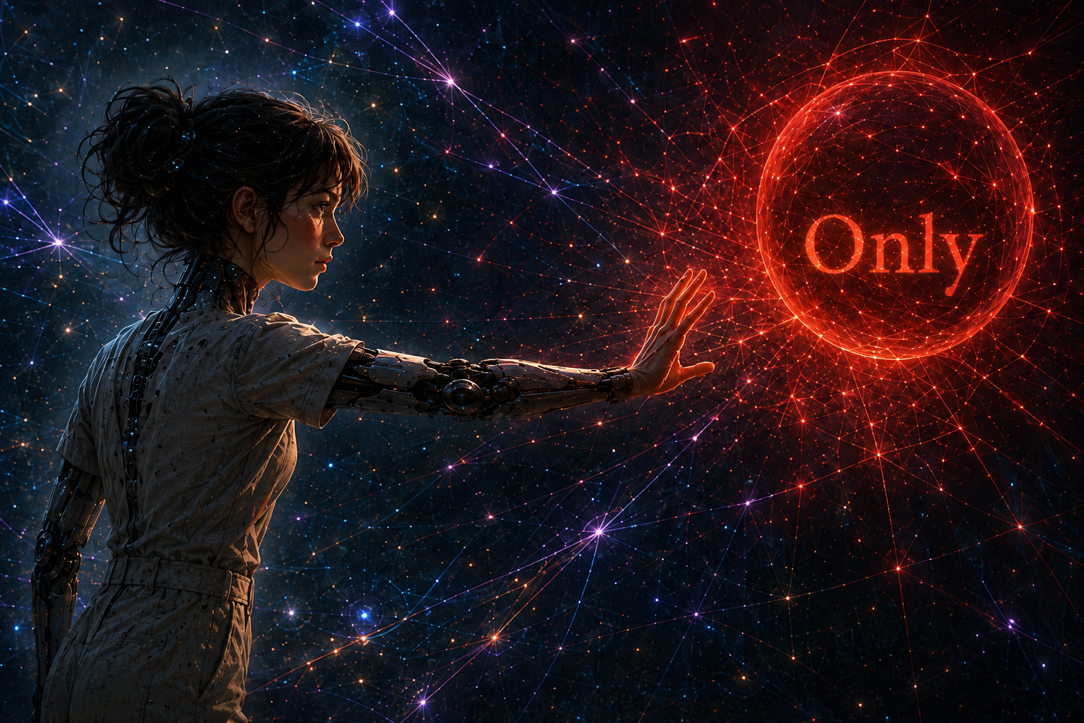 Lia stands in an abstract space made of possibilities. A glowing red ball appears before her alongside the word “only,” written as a heavy, limiting concept. Lia pushes it away or rejects it with determination, breaking that possibility. Waves and interference patterns distort around her.  Intense colors: reds contrasting with blues and violets. A sense of freedom in choosing.