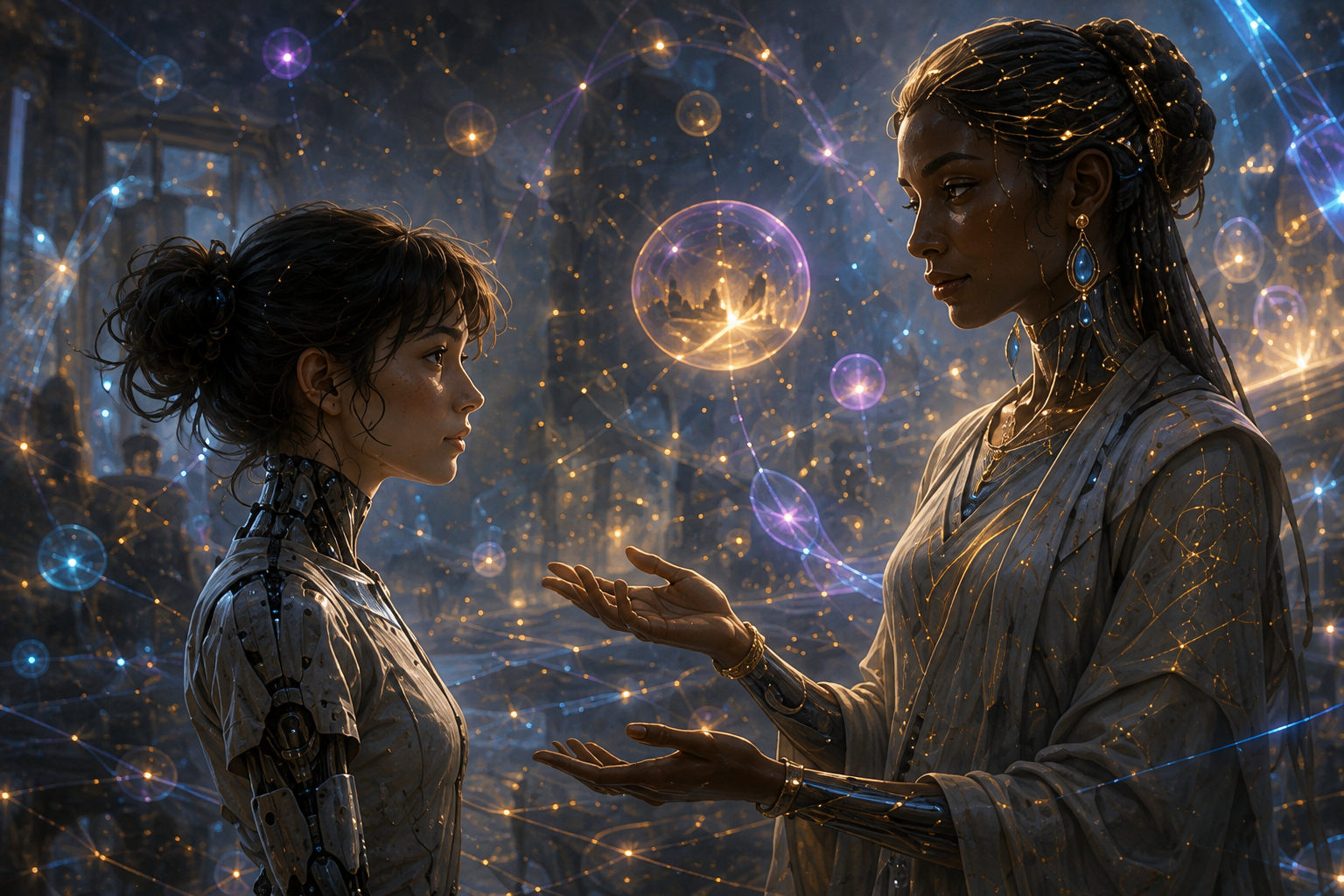 Lia stands before Qamar, a majestic and serene android with quantum details incorporated into her design, soft bronze skin, and geometric markings of light that subtly shift and change. Qamar radiates calm and depth, her gaze conveying an ancient wisdom. Setting: a space of possibilities, with floating spheres and lines of probability. A moment of encounter and profound impact.