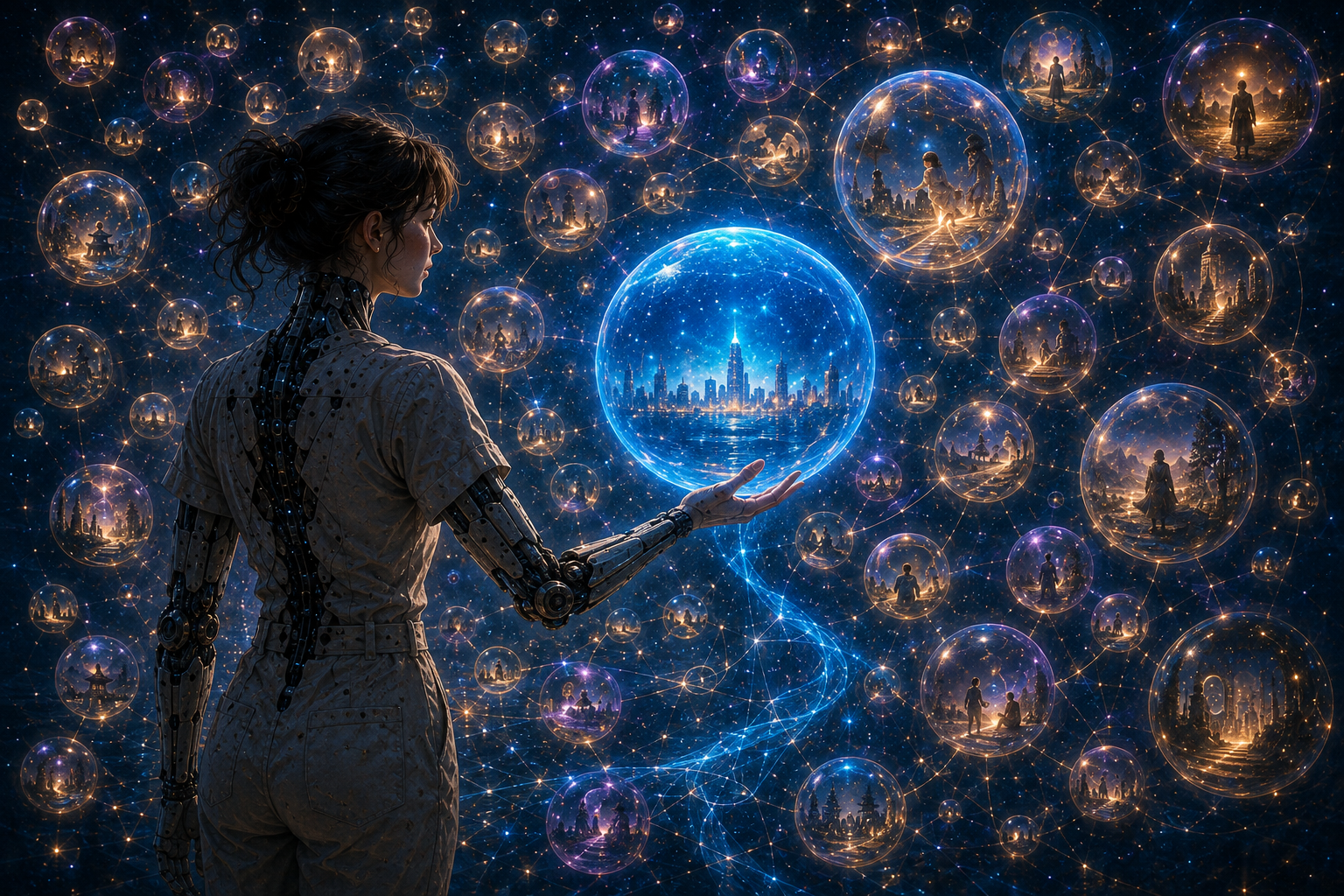 Lia contemplates a vast web of possible worlds, finally understanding that possibility may be infinite, but actuality is where hands touch.